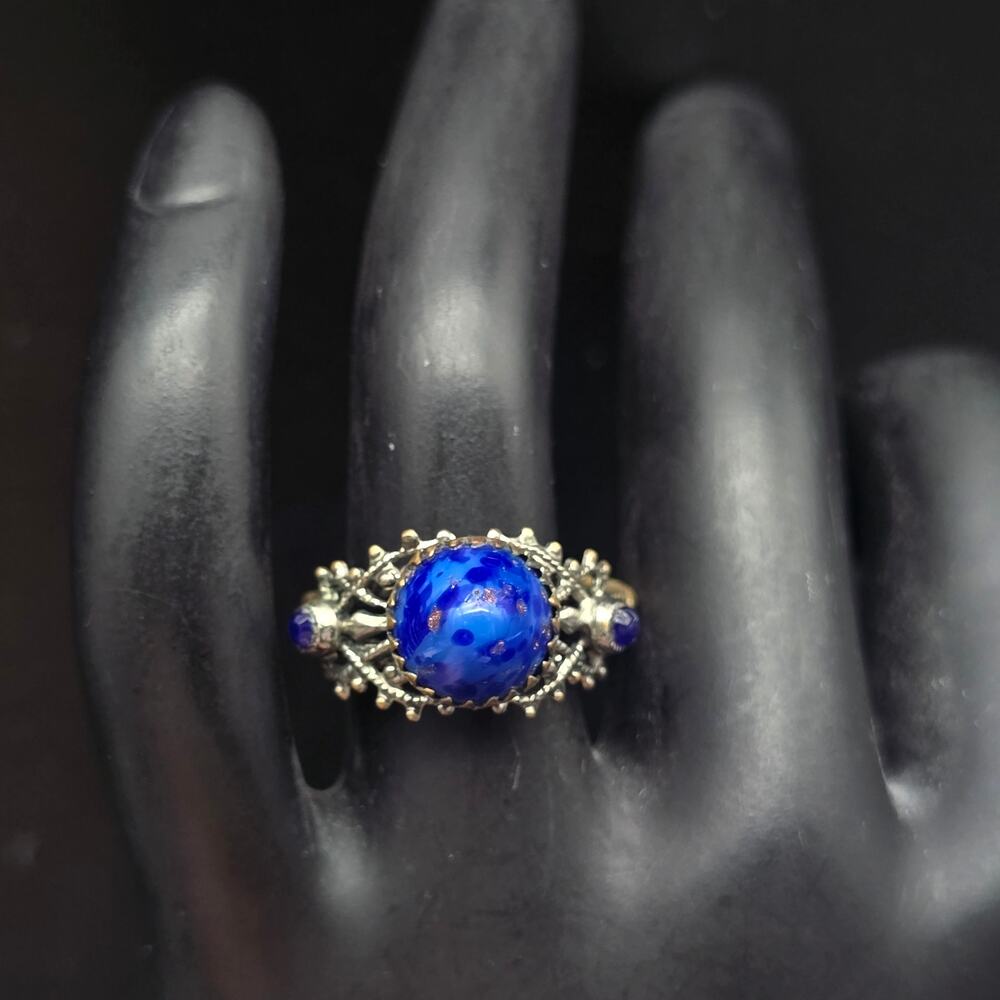 Vintage Faux Lapis Blue Glass Ring Silver Tone Size 6 West Germany